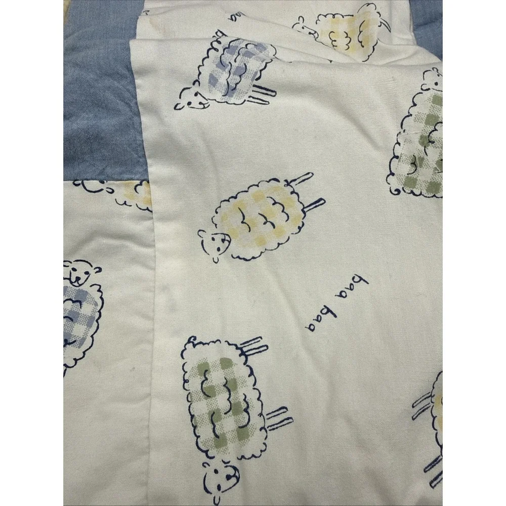 Vintage Eddie Bauer Home Quilted Baby Blanket Fleece Back Blue Yellow Sheep